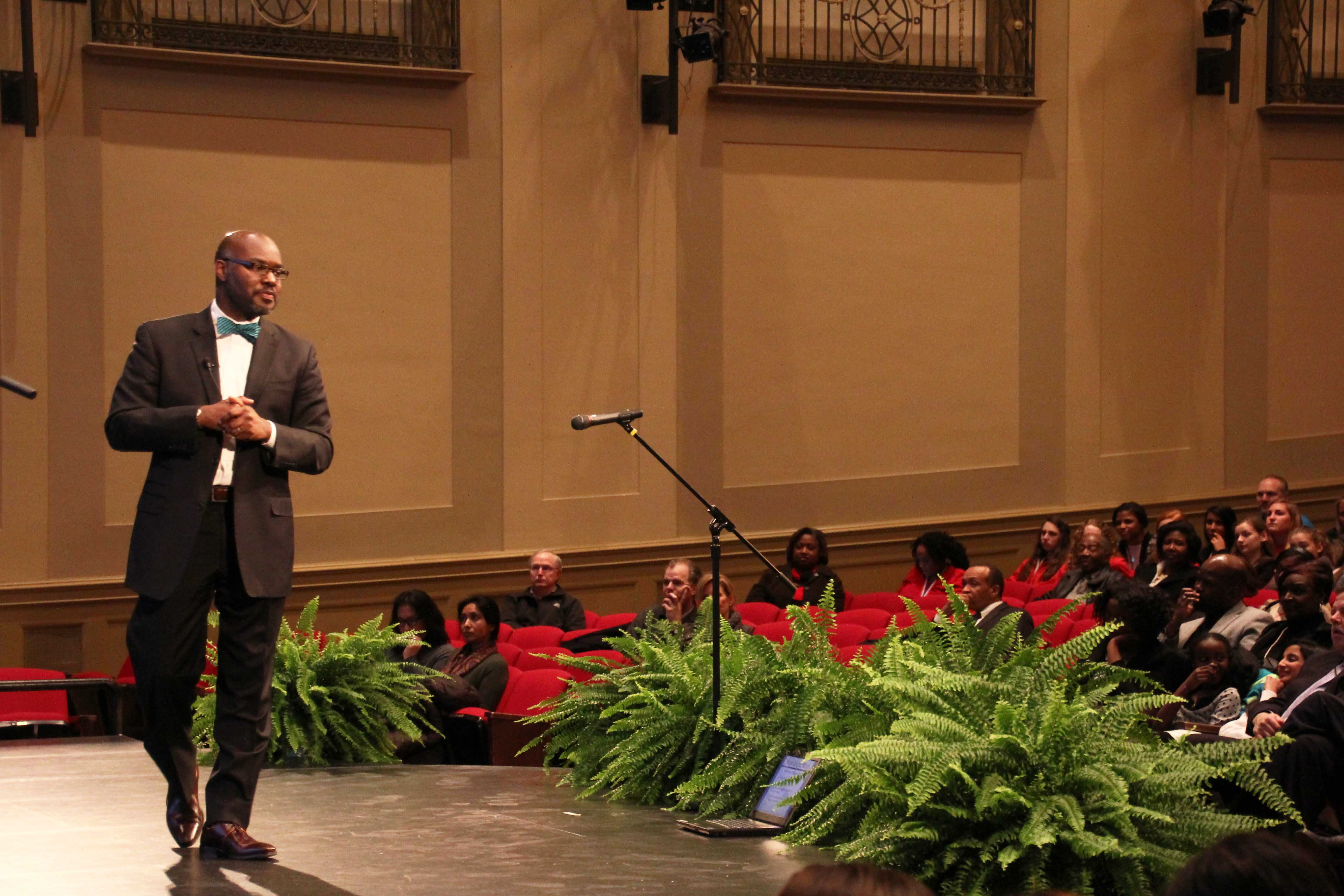 Superintendent Gregory C. Hutchings, Jr. presents his PowerPoint to the audience during the annual State of the Schools speech Feb. 10.