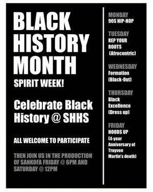 The poster advertising "Black History Month Spirit Week" that was placed on walls throughout the school and posted on social media.