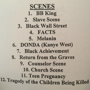 A list of scenes from the show displayed in the Sankofa program Feb. 26.