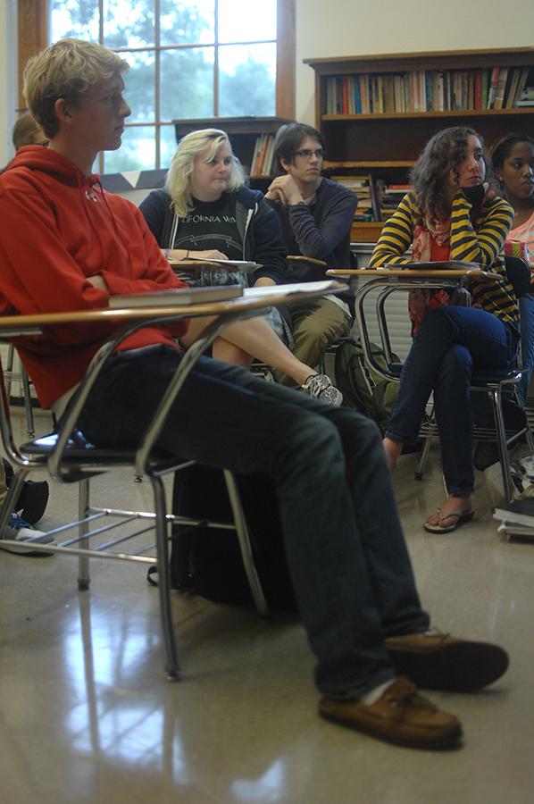 Christopher Cottons first period AP/IB Literature class includes senior McKinley Glasser, wearing stripes, who said, Its an engaging class with lots of opportunity for discussion.