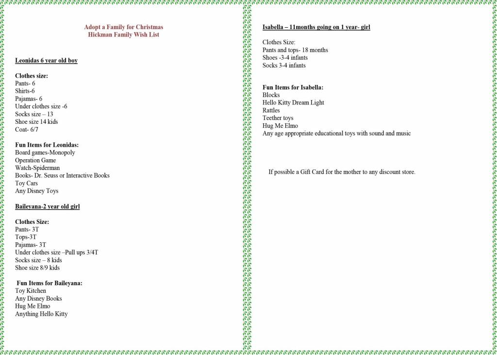 The organization Adopt-a-Family gave student council a wish list for the family council is sponsoring. If you would like to donate anything listed, contact student council advisory Amanda Ahrens, ahrens_a@shaker.org, or drop a gift off at the high school.