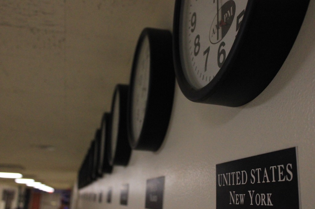 In the middle schools main hallway, 13 clocks supposedly show the times in cities on six different continents. On Feb. 6, seven of the 13 showed the wrong time. Five were off by one hour, two were off by three.