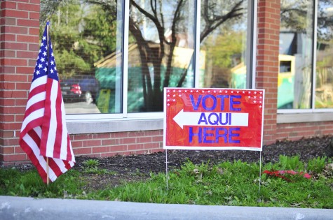 A voting sign stands outside Woodbury Elementary School, one of seven polling locations for Shaker Heights residents
