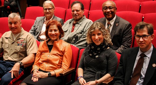 Inductees Col. James Gannon, Maxine Isaacs, Amy Lazarus, David Leu, Ann Rowland, Harvey Laidman and Zachary Green spoke Oct. 13 during the annual Shaker Heights Alumni Association Hall of Fame assembly in the large auditorium.