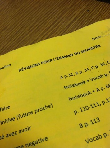 French teacher Helene Ameline assigns final exam review packets, such as this one, over winter break.
