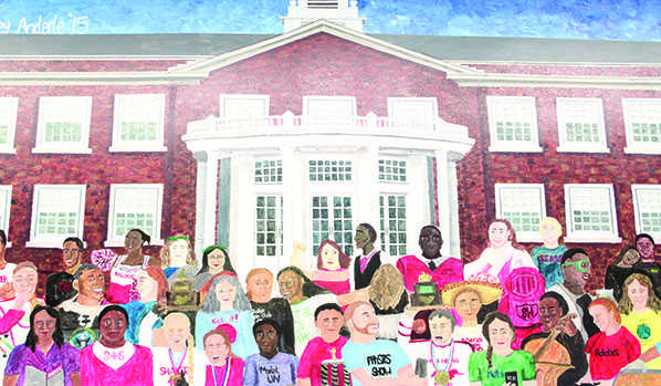 Audrey Anderle (‘15) crafted a mural for her senior project displaying the diversity in Shaker. The mural depicts Shaker students in various clubs and sports including Model United Nations, cheerleading, robotics, choir, orchestra and MAC Scholars.