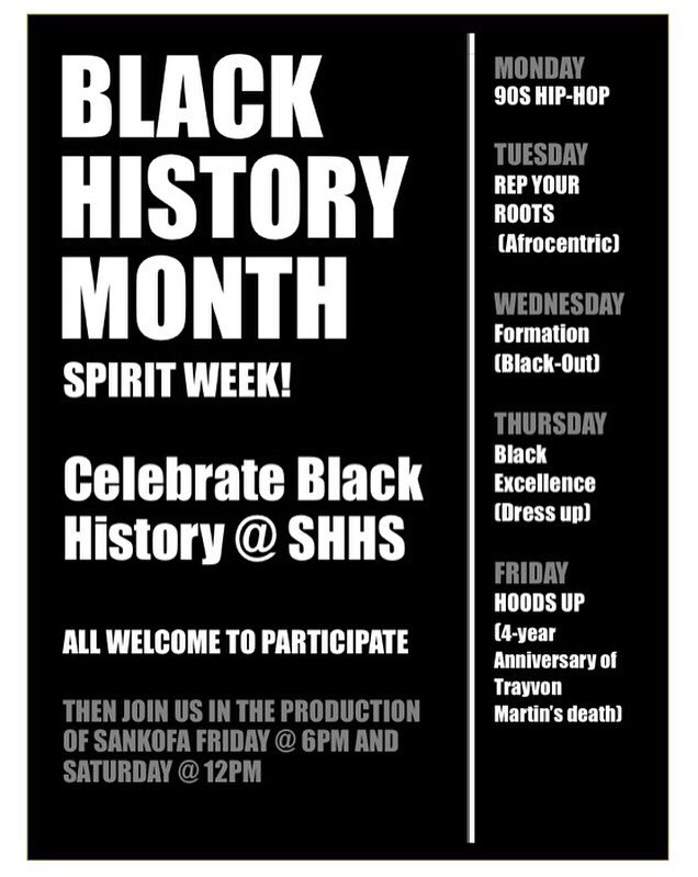 The poster advertising Black History Month Spirit Week that was placed on walls throughout the school and posted on social media.