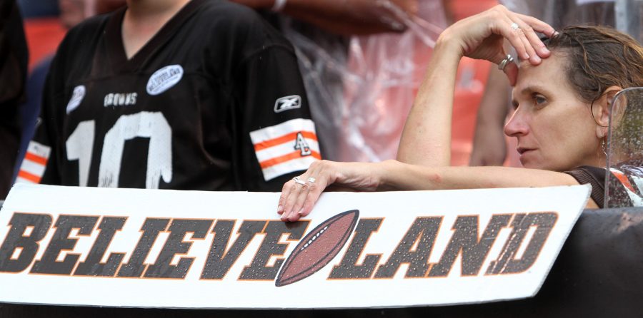 In this image featured in the documentary Believeland, the fan reflects an important theme of the film of heartbreak and suffering our Cleveland sports teams have brought the fans.