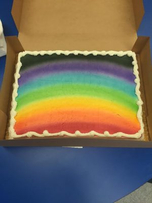 The kick-off event of the GSA exhibited a cake sporting the colors of the LGBT flag.