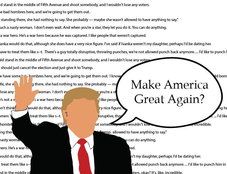 Throughout the campaign Donald Trump was constantly amidst controversy due to sexist, racist and otherwise hateful comments, some of which are featured in the illustrations background.