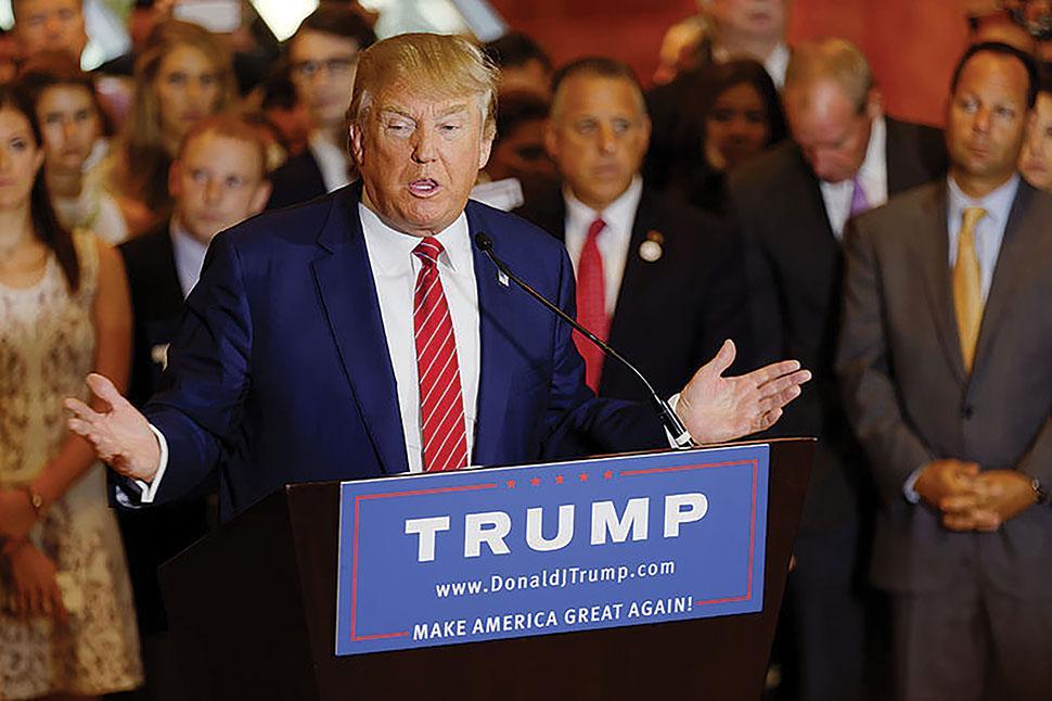 President Donald Trump speaks in Trump Tower at the beginning of his presidential campaign. In his first month of his presidency, Trump has described mainstream media outlets such as the New York Times as “fake news.”