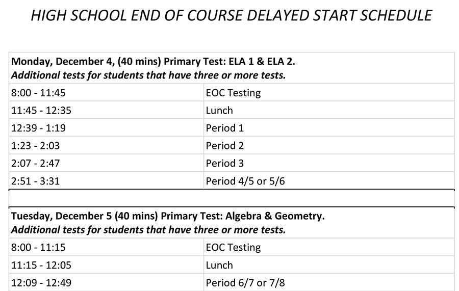 For non-testing students, school begins at 12:39 p.m. today and 12:09 p.m. Tuesday and Wednesday to accommodate state exams. 
