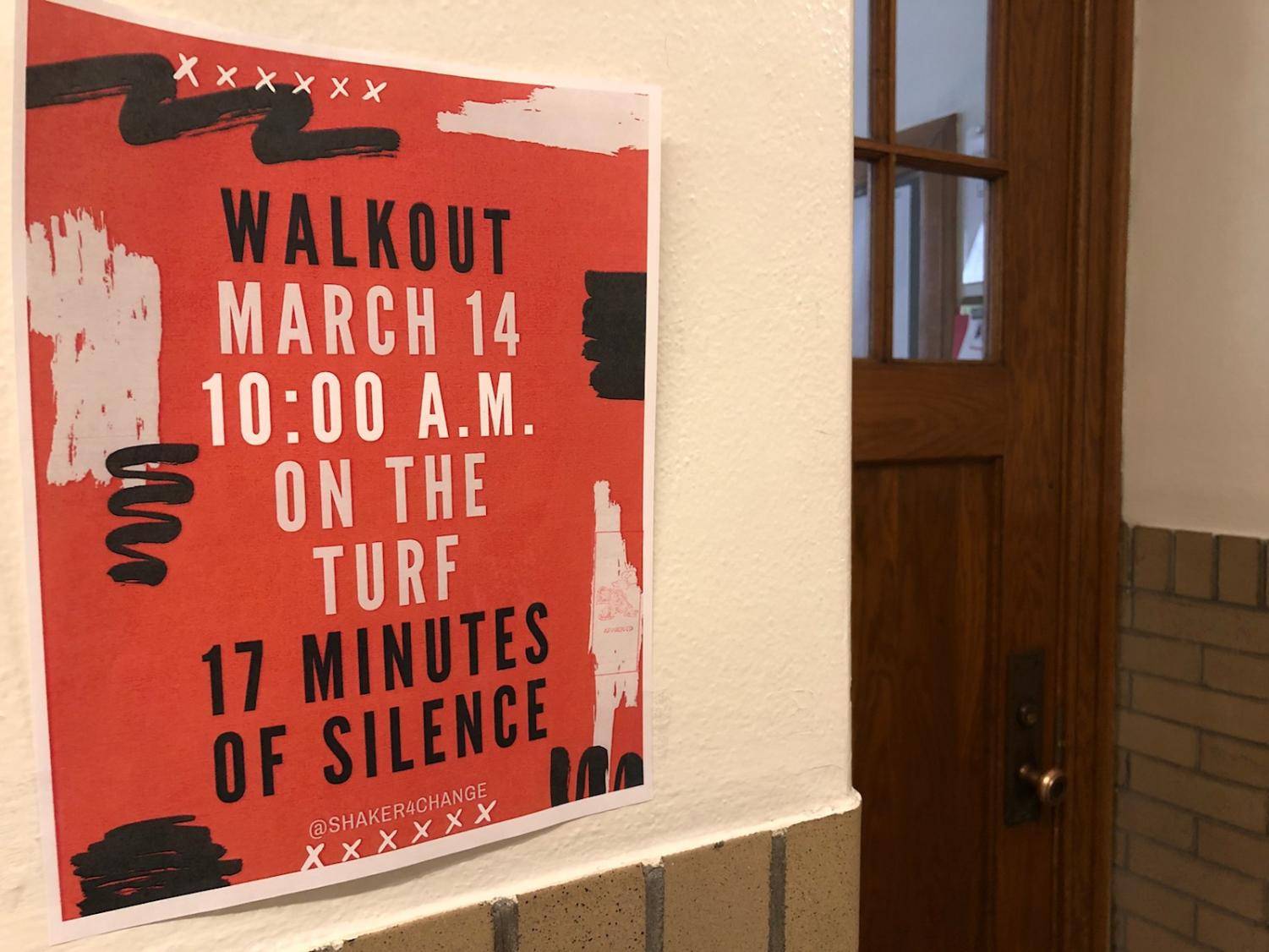 Posters hang throughout the high school advertising a student-led, student-organized walkout that will take place tomorrow at 10 a.m. Participating students will walk to the high school’s turf field at Russell H. Rupp Stadium and observe 17 minutes of silence in memory of the 17 victims of the Feb. 14 Marjory Stoneman Douglas High School shooting.