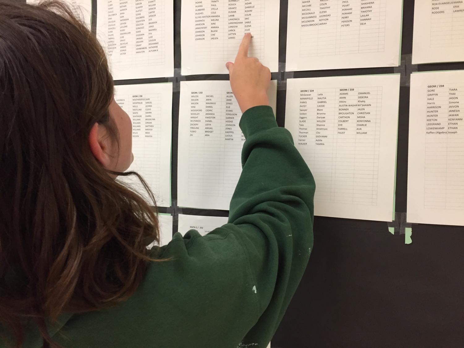 Students looked for their testing rooms yesterday morning outside the main office. “The situation is more chaotic, because now I have to prepare to take two tests instead of one,