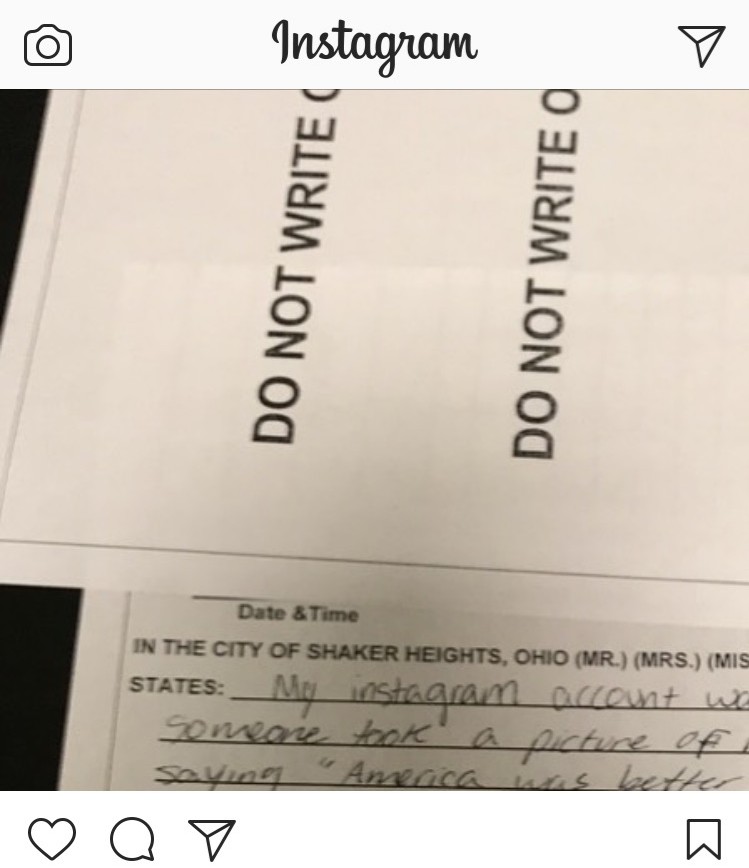 An Instagram post using demeaning language about African-Americans was taken down by the user soon after it was posted. The user replaced it with an apology and explanation, followed by a picture of the police report she completed.
