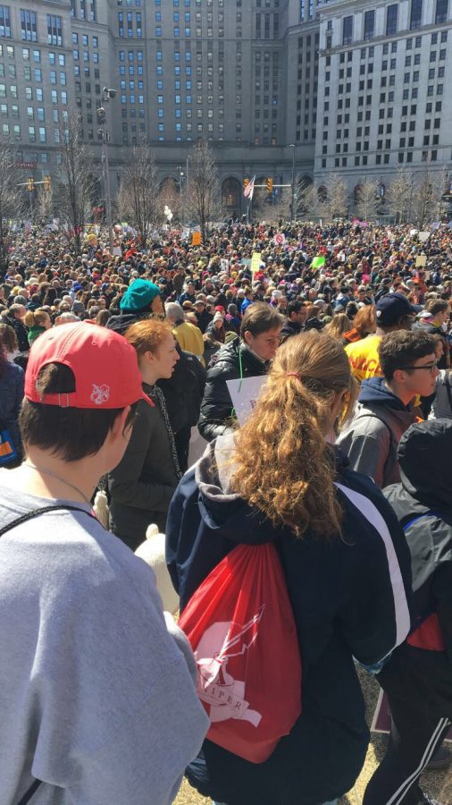 A crowd of people filling Cleveland Public Square at the March For Our Lives rally on 
March 23.