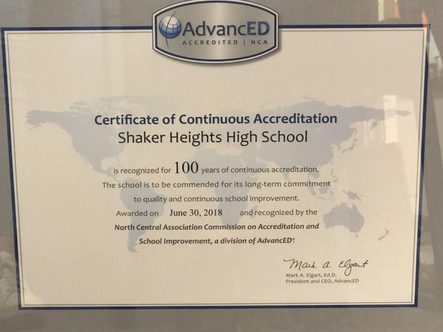 This certificate is recognizing the district being successfully accredited for 100 years, which is hanging in Assistant Principal Sara Chengelis office. Accreditation is a voluntary service created more than 100 years ago that helps determine the quality of a school and helps discern stronger schools from struggling schools. 