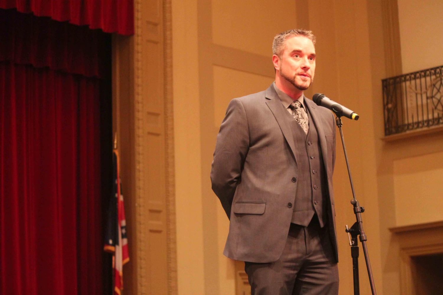 Shaker Heights High School Principal Jonathan Kuehnle speaks with community members, parents, students and staff on March 7, 2016. Kuehnle's placement on leave was announced in an email sent to parents and staff this evening.