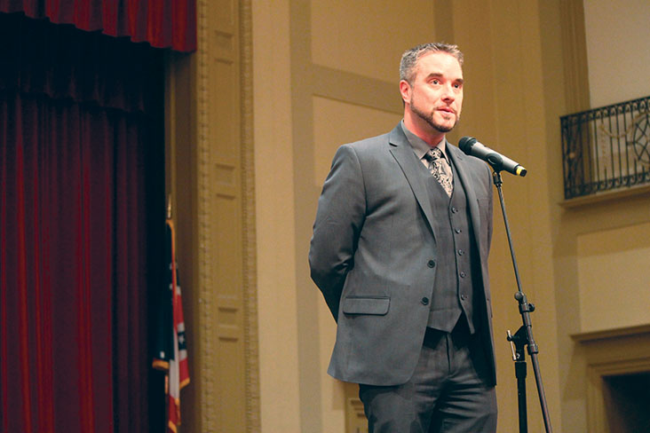 Jonathan Kuehnle, then an applicant for high school principal, addresses the audience at a March 7, 2016 community meeting. Photo by The Shakerite.