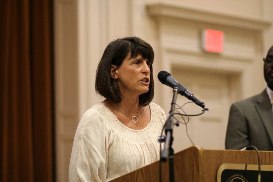 Podl speaks at a Sen. Sherrod Brown press conference June 8, 2015 in the small auditorium. She discussed standardized testing.