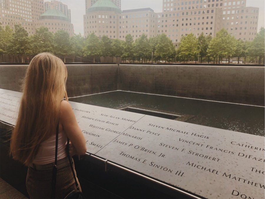 Senior Caleigh Leiken looks at the 9/11 memorial in New York City.