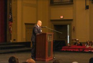 Inductee Joshua Levy speaks to students at the hall of fame assembly.