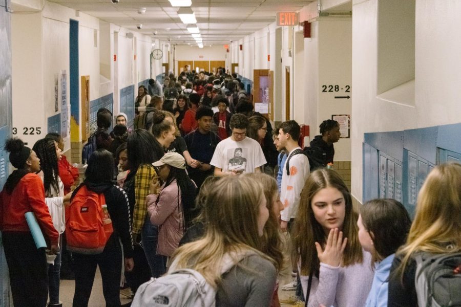 In the second floor main hallway after 10th period, students react to Gov. DeWines decision to close Ohio schools for three weeks due to COVID-19. 