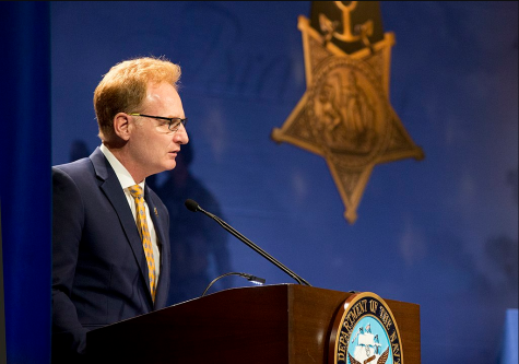 Thomas Modly delivers remarks during a Medal of Honor recipient’s induction into the Hall of Heroes during a ceremony at the Pentagon Auditorium on May 30, 2018
