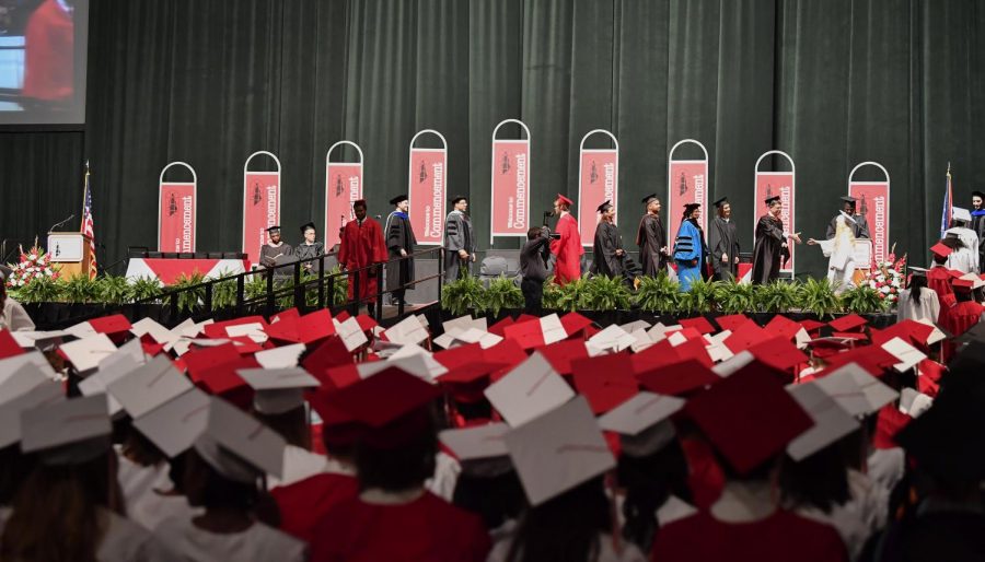 The+class+of+2019+receives+diplomas+during+its+commencement+cermony+at+the+CSU+Wolstein+Center.+Journalist+David+Pogue+%28%E2%80%9981%29+was+the+speaker.