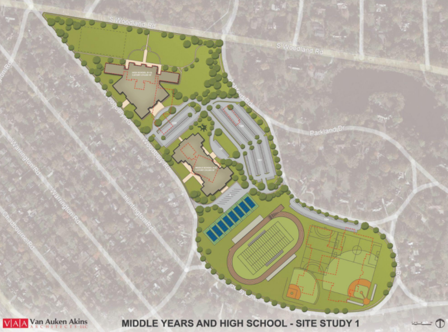 At its July 12, 2022 meeting, the Board of Education heard explanations for two options for school rebuilding. Pictured here are the two options’ treatments of the high school and the middle school. In option 1, pictured above, a new high school would be built where Woodbury currently is, a new middle school would replace Onaway and athletic facilities would be built in the current high school’s place. The board continues to examine ways to achieve new facilities. 

