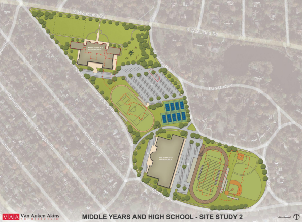 In option 2, pictured above, a new high school would be built where the baseball field is, and the athletic stadium would be where the high school currently is. A middle school would be built where Woodbury currently is. The board continues to examine ways to achieve new facilities.