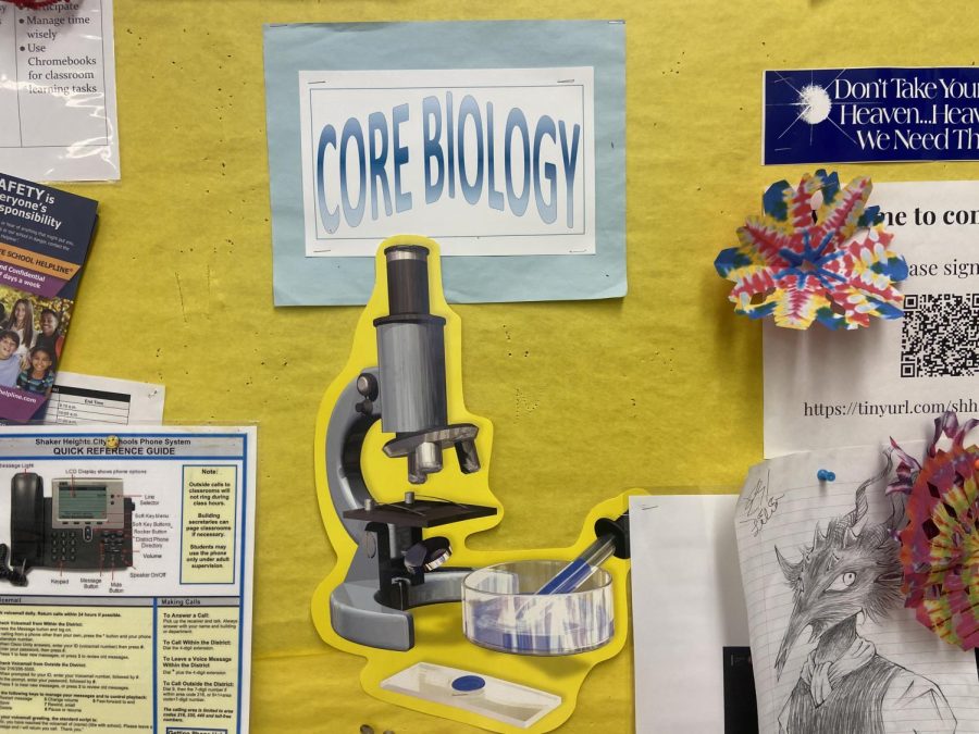 Evidence of previously tracked biology classes remains on a classroom bulletin board. With the exception of AP Biology, all 10th-grade students now take the same biology course, which the district intends to be an honors-level class. 