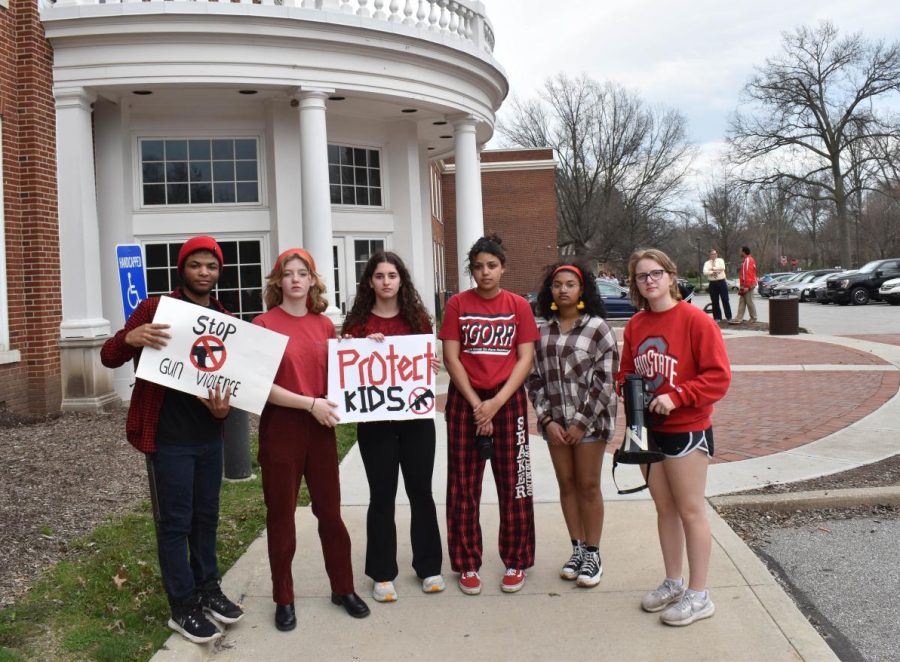 Student leaders Christian Holt, Oli Graves, Julia Loveman, Leah Reymann, Zara Troupe and Amber Perkins organized the protest at the high school today as part of the Students Demand Action national walkout against gun violence.