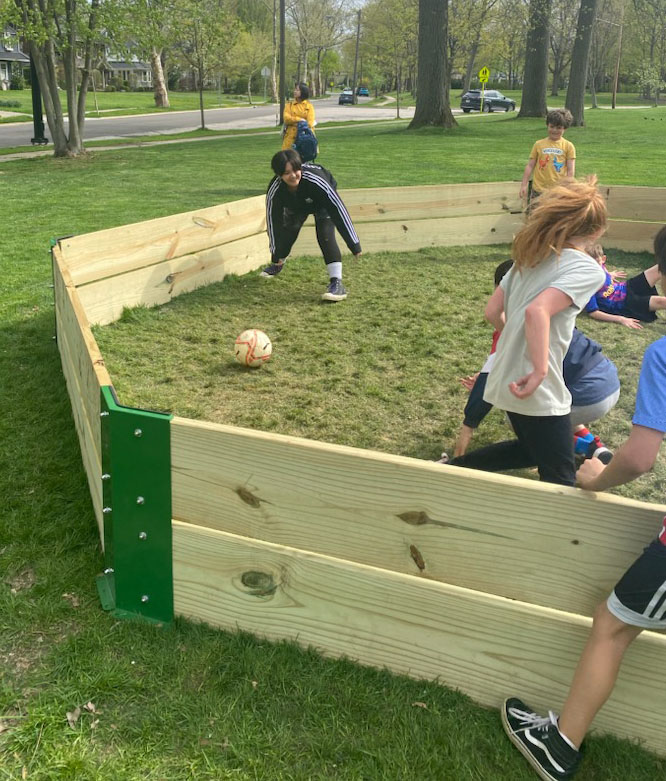 Boulevard students enjoy a game of gaga ball in the newly-built gaga pit. 