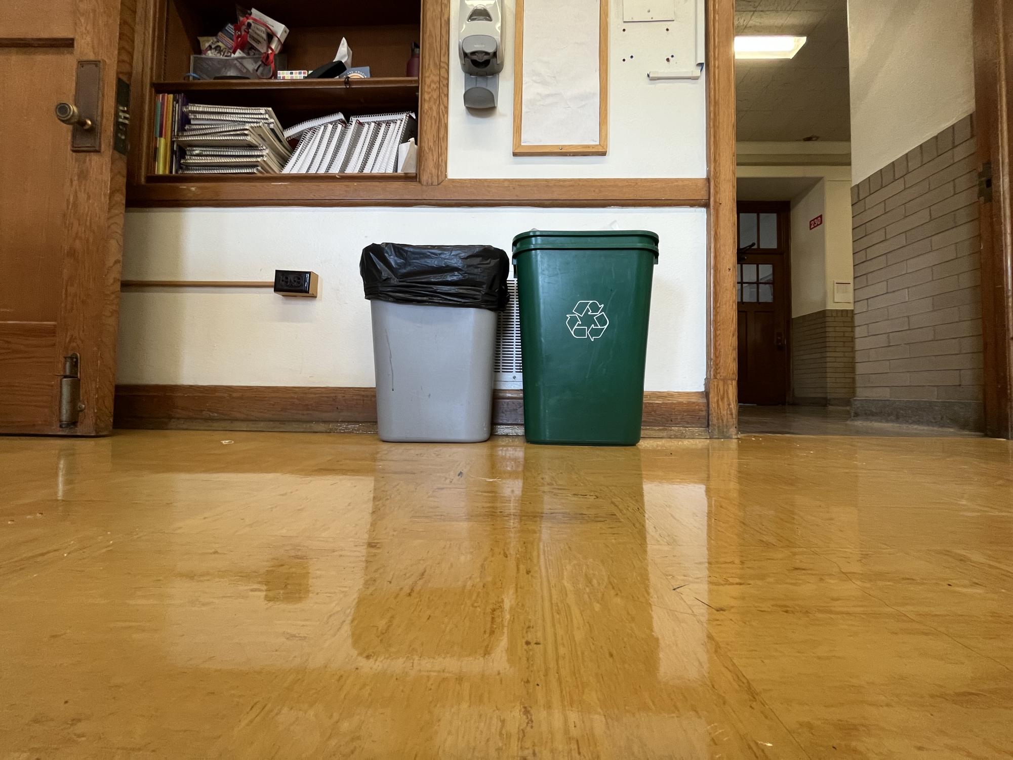 If paper is to be recycled from classrooms, students must take care not to put garbage in green or blue recycling receptacles. Once trash is introduced to a recycling can, all contents are considered refuse and are disposed of rather than recycled.