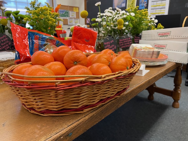 Fruit, flowers and doughnuts stocked the English Department work table Sept. 29, courtesy of the high school PTO. 