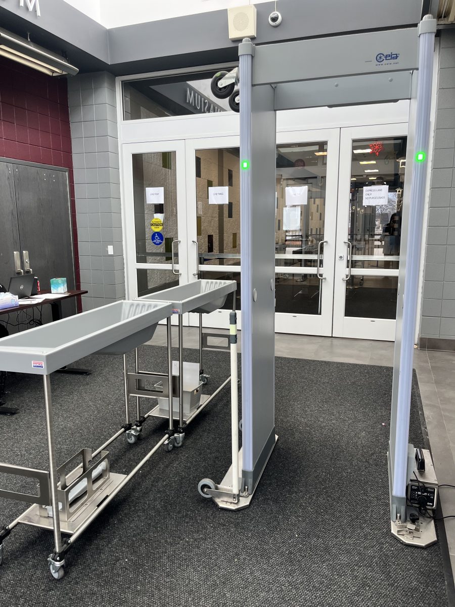 Metal detectors stand at the entrance of Maple Heights High School. Akron Public Schools purchased metal detectors and X-ray machines in 2022. Garfield Heights City Schools use detectors at school entrances and athletic events. 