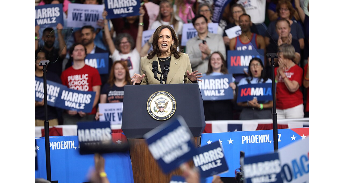 Vice President of the United States Kamala Harris speaks at an Aug. 9 campaign rally at Desert Diamond Arena in Glendale, Arizona. Gage Skidmore, CC BY-SA 2.0, via Wikimedia Commons
