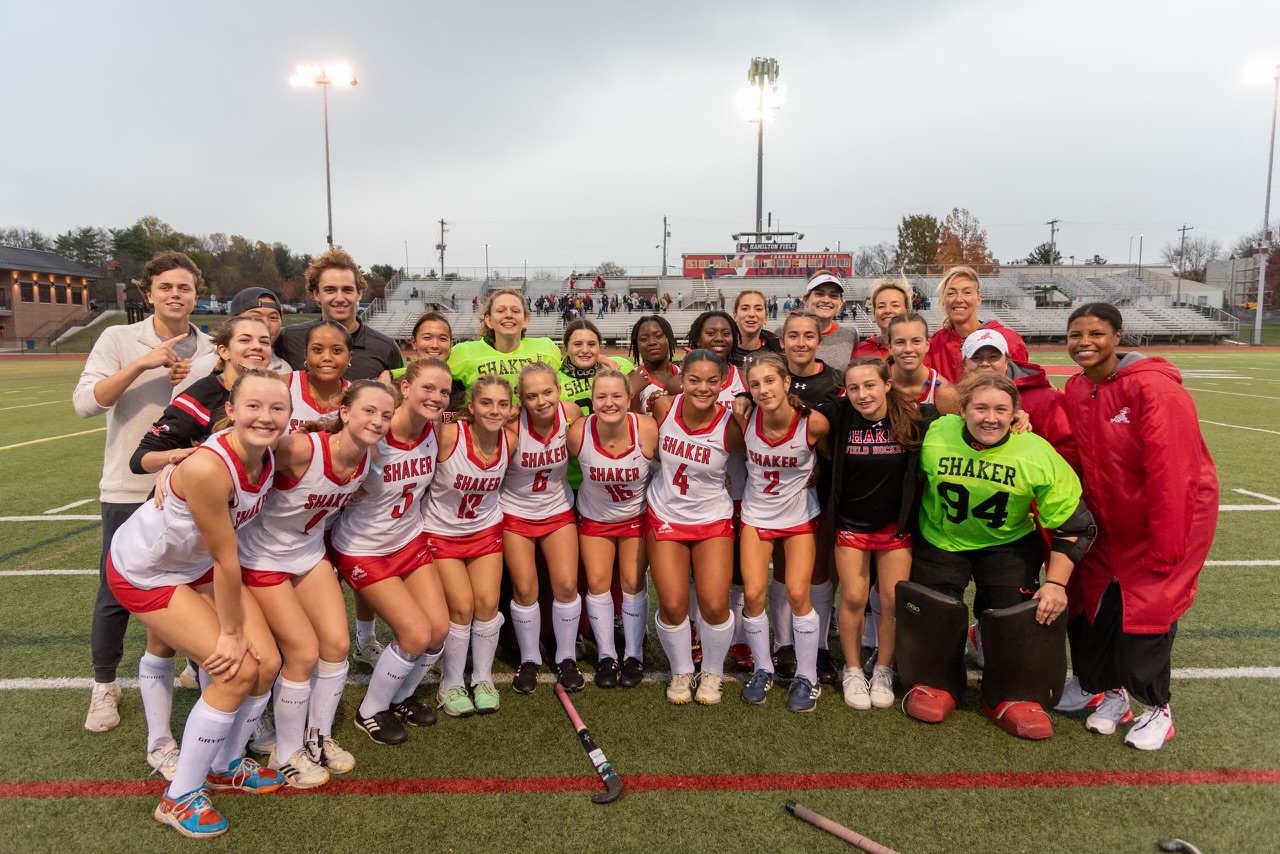 The Raiders pose in celebration of their state semifinal win at Thomas Worthington High School's Hamilton Field Thursday. The victory sent them to the title game for the first time since 2019.