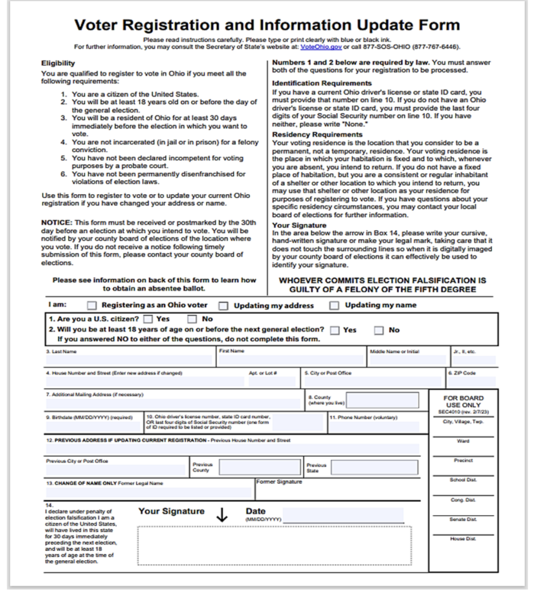 Image of a Ohio voter registration form.