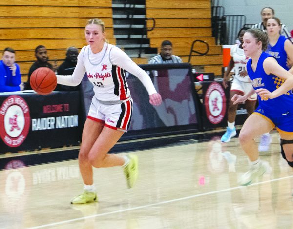 Lizzy Favret drives down the court during a 39-38 victory over NDCL, Jan. 13 at home. 