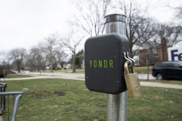 A locked magnet box located outside the entrance to the science wing. Twelve unlocking stations are now available to students before and after school. Students have been required to lock their phones and small electronic devices in Yondr pouches since school began in August. 