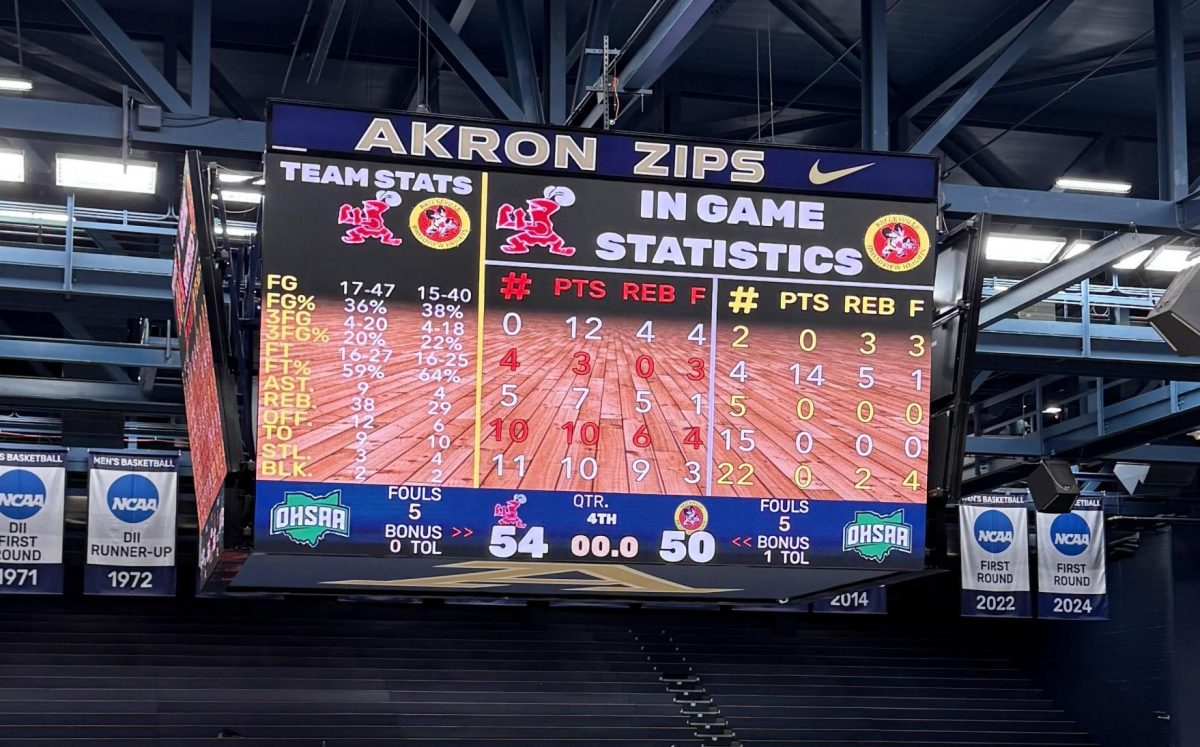 The videoboard at James A. Rhodes Arena displays a final overtime score of 54-50, Shaker over Brecksville-Broadview Heights, in the March 6 regional semifinal game.