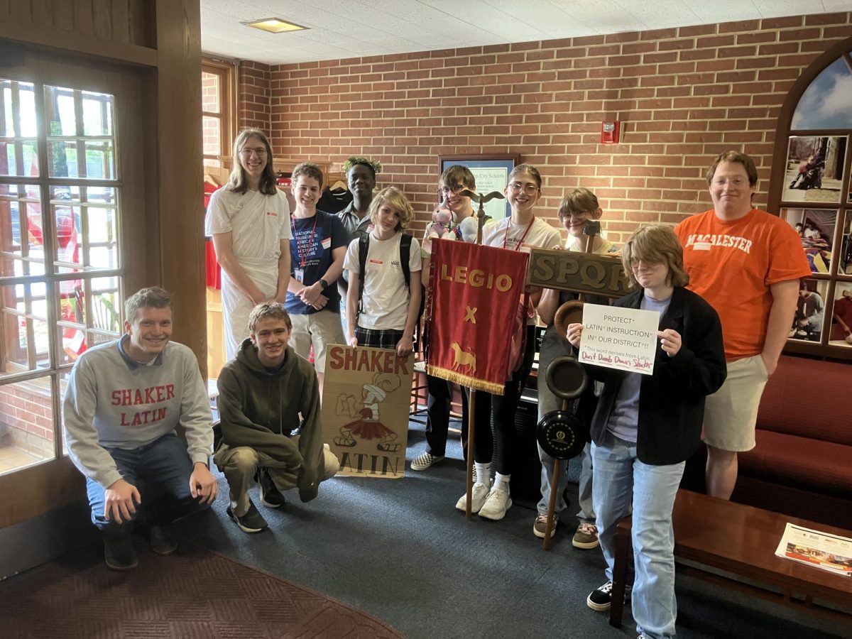 Latin Club members and alumni of Shaker's Latin program gather at the administration building May 27. Students, graduates and parents spoke at the board meeting during public comment.