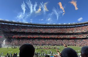 Fireworks flare in Huntington Bank Field as the Browns prepare to make their entrance in a 33-17 loss to the Dallas Cowboys Sept. 8, 2024.