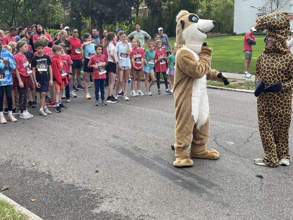 Participants line up on Aldersyde Drive behind the Mercer Elmentary School Meekat and the Onway Elementary School Giraffe, awaiting the start of the inaugural Raider Run Oct. 11.  