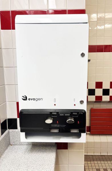 Free menstrual product dispensers are installed in SHHS women's restrooms. There are pads and tampons for girls to take as needed. Through the Period Club, Aadya Padmanabhan said she strives to make sure that these dispensers are stocked for girls in need.