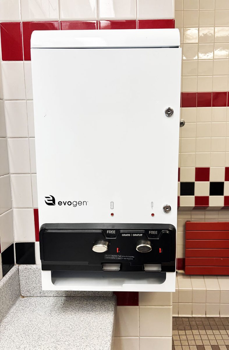 Free menstrual product dispensers are installed in SHHS women's restrooms. There are pads and tampons for girls to take as needed. Through the Period Club, Aadya Padmanabhan said she strives to make sure that these dispensers are stocked for girls in need.