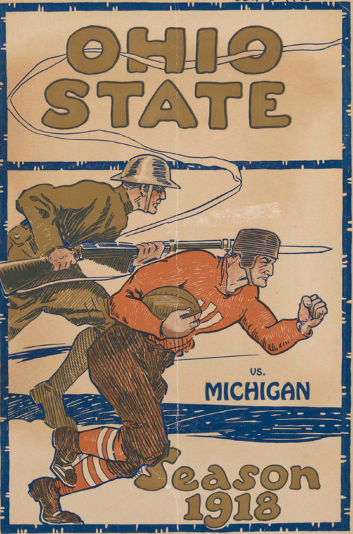 Cover art from program for the November 1918 football game between the University of Michigan and Ohio State University depicts both a player and a soldier going to war. See page for author, Public domain, via Wikimedia Commons