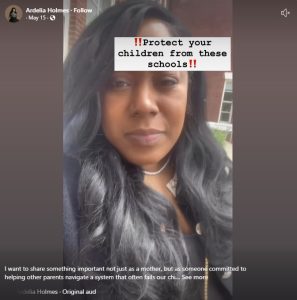 A May 15 social media post by BOE candidate Ardelia Holmes, who declared her candidacy July 9. She filed a civil-rights lawsuit against the district Oct. 27. 